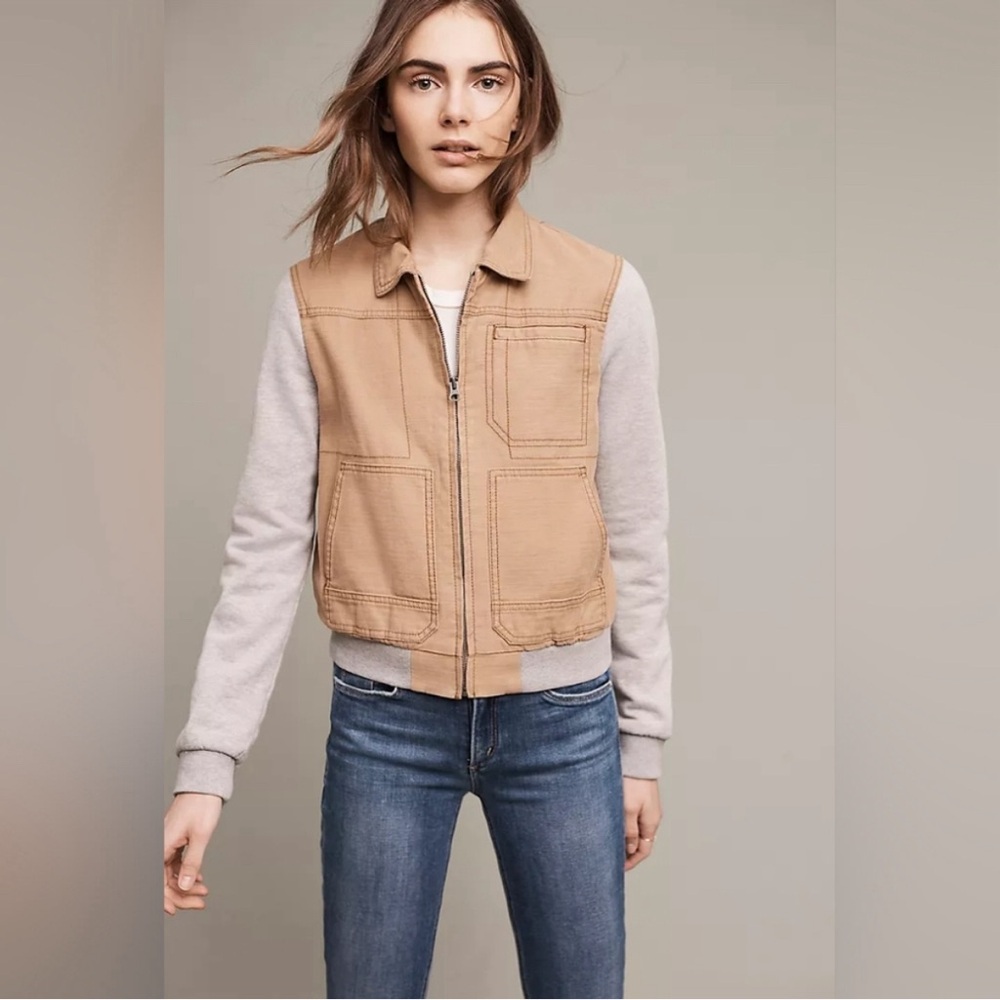 Anthropologie Cropped Tan and Grey Lightweight Bomber Jacket